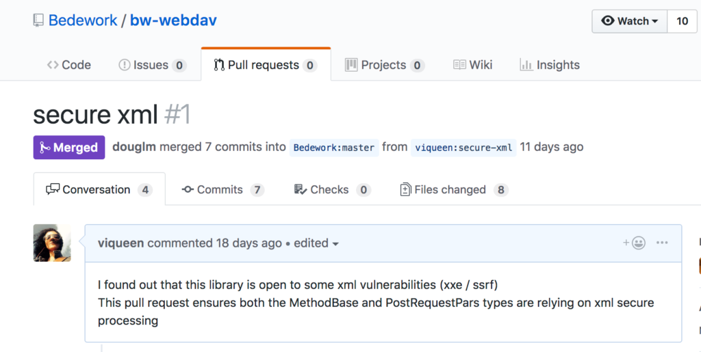 Pull request showing a security fix