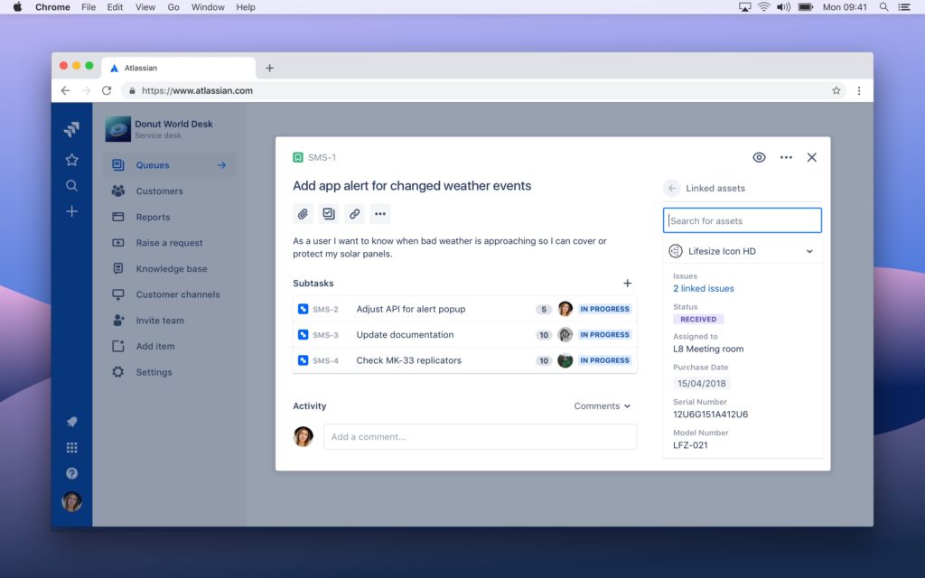 Screenshot of Jira showing linked assets panel on the right-hand side of the screen.