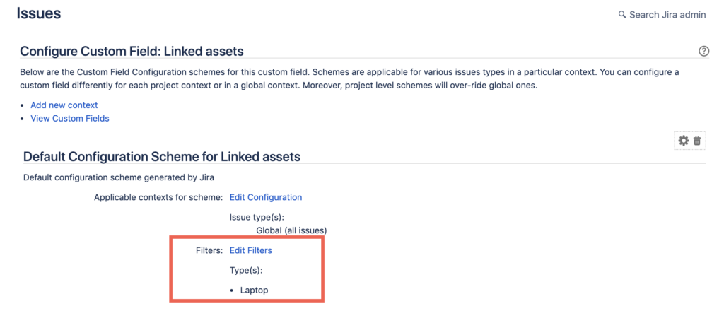 Screenshot showing Jira admin screen with default configuration scheme for linked assets
