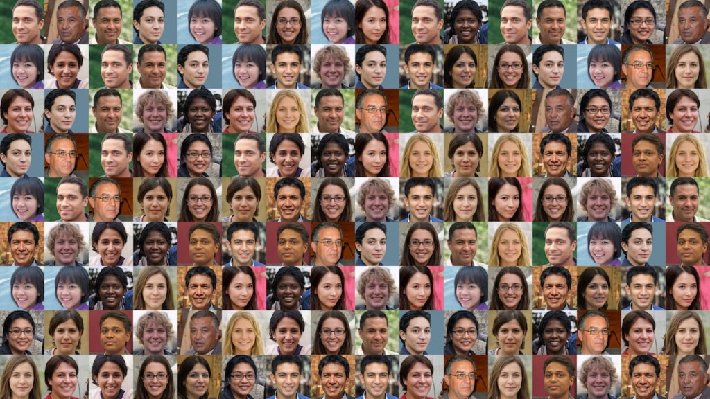 A grid of faces generated with our neural network.