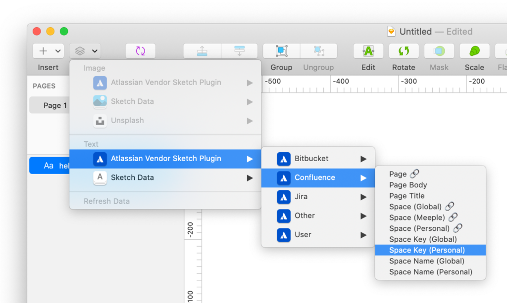 A screenshot from Sketch with the Data menu open to 