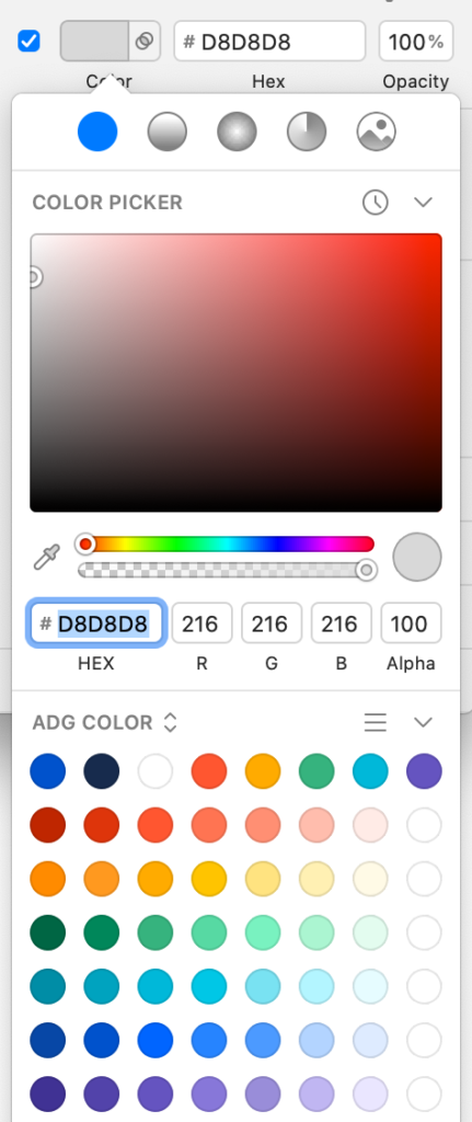 A screenshot of Sketch's color palette, open to the ADG Color menu.