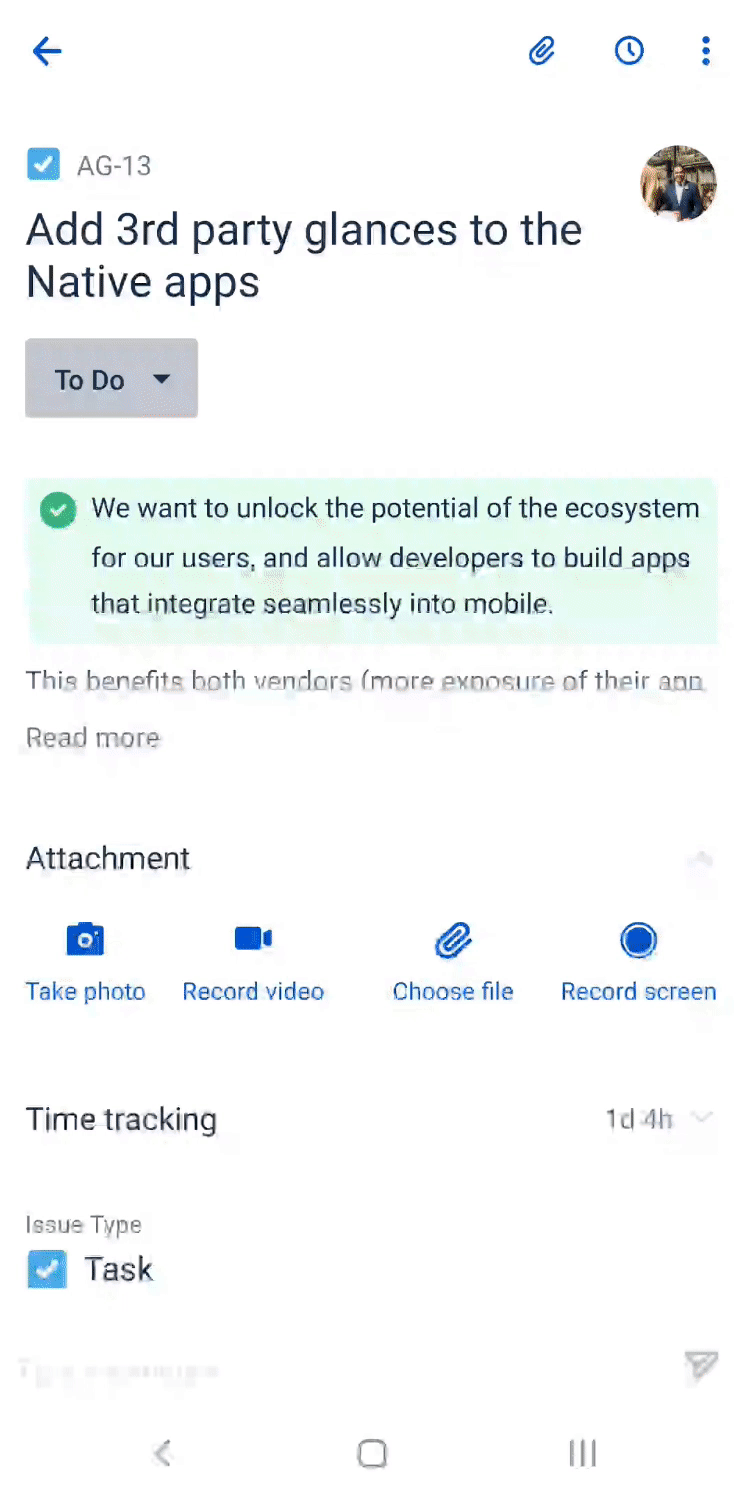 A gif showing how a third party app works in the mobile Jira app on Android.