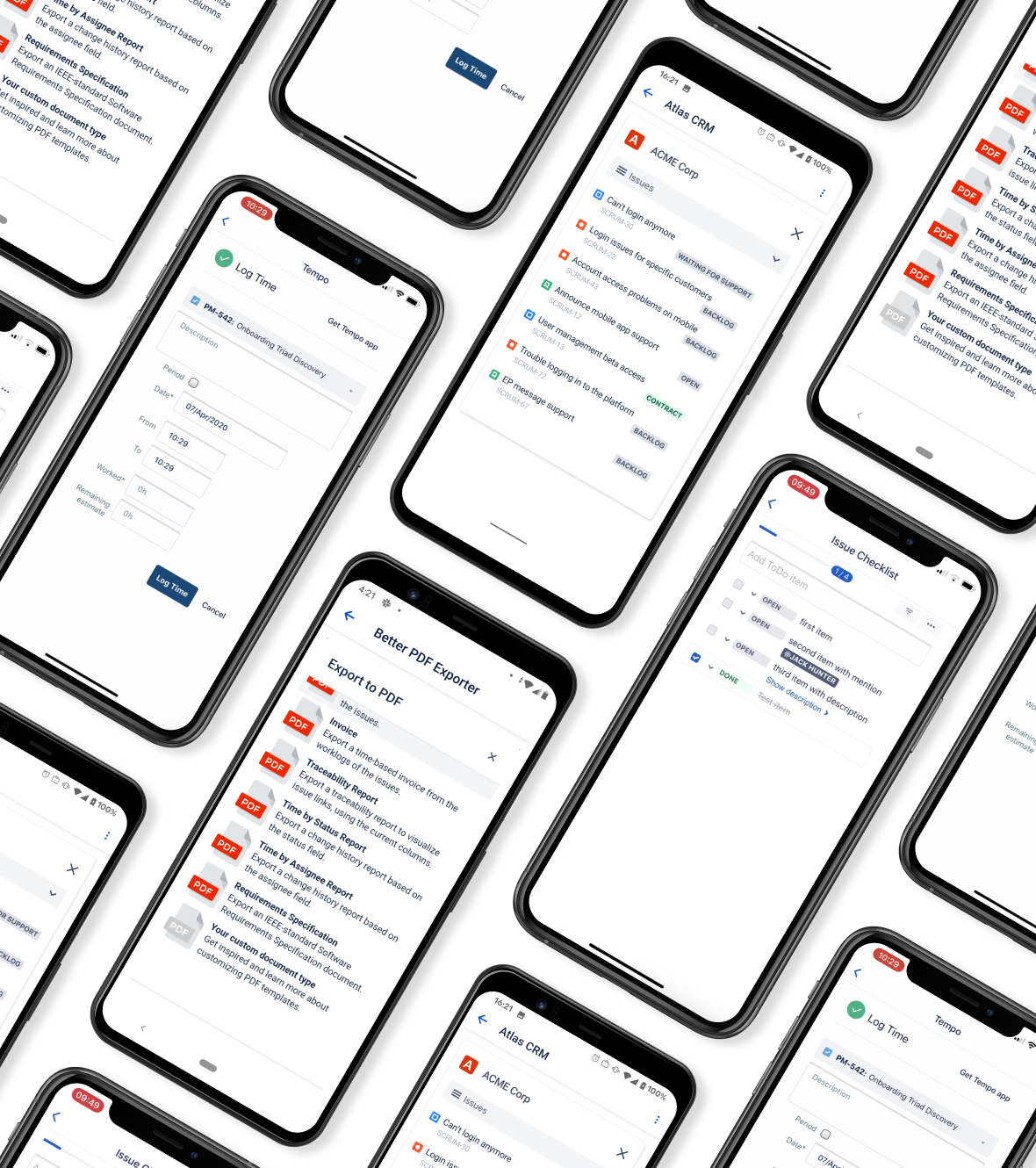 An image showing multiple phones with third party apps in the Jira Cloud app